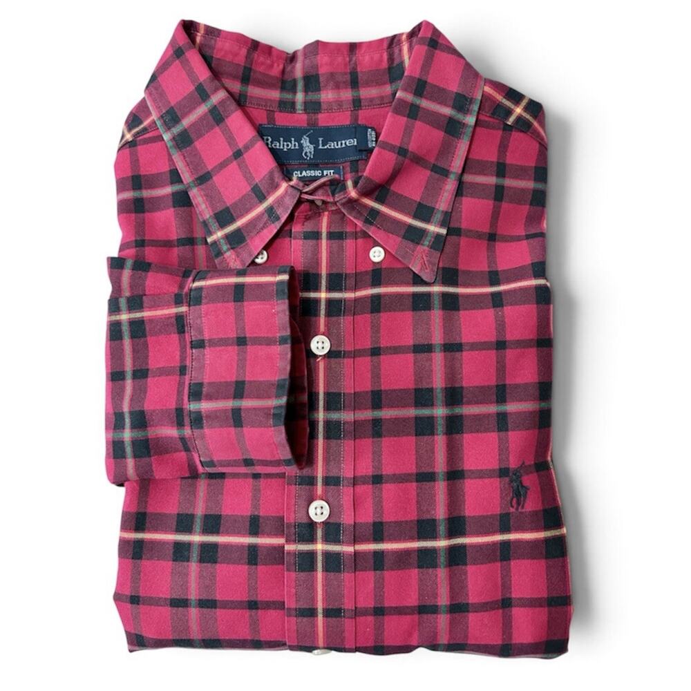 Ralph Lauren Classic Fit Button Down Shirt Mens XL Red Plaid Long Sleeve Vintage